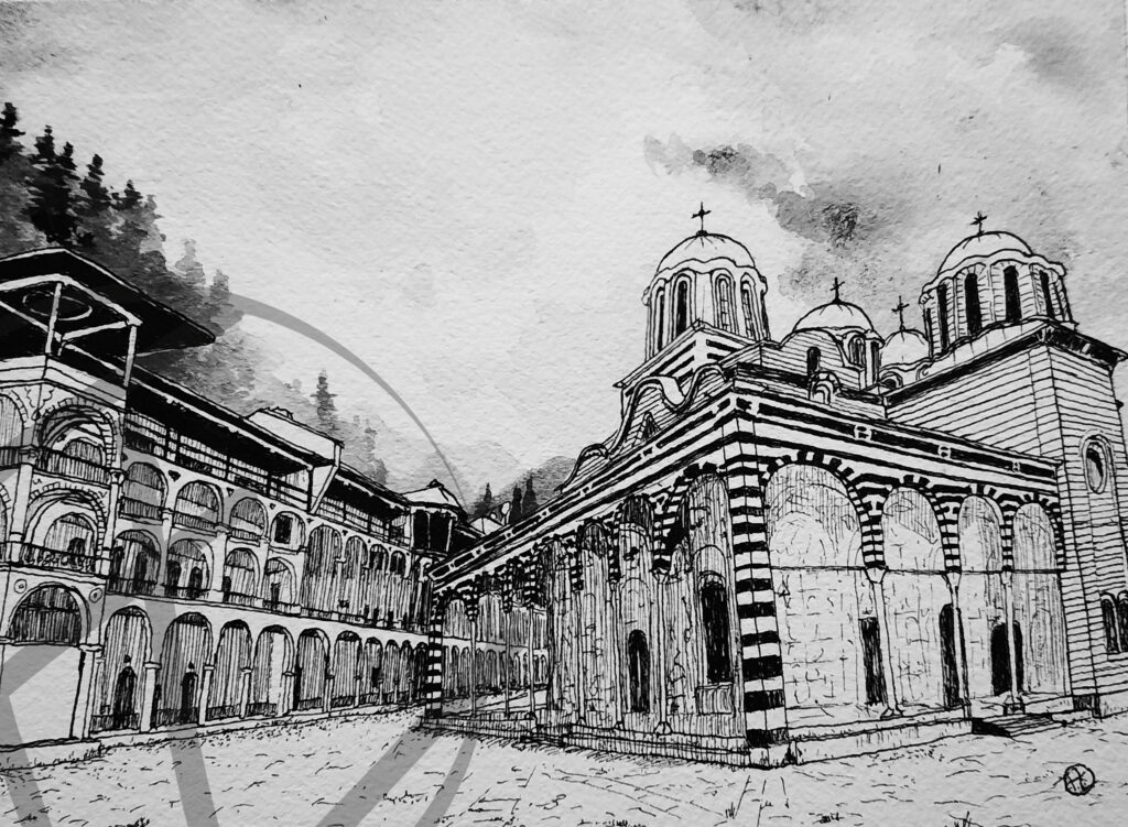 Monastère de Rila, illustration encre de Chine