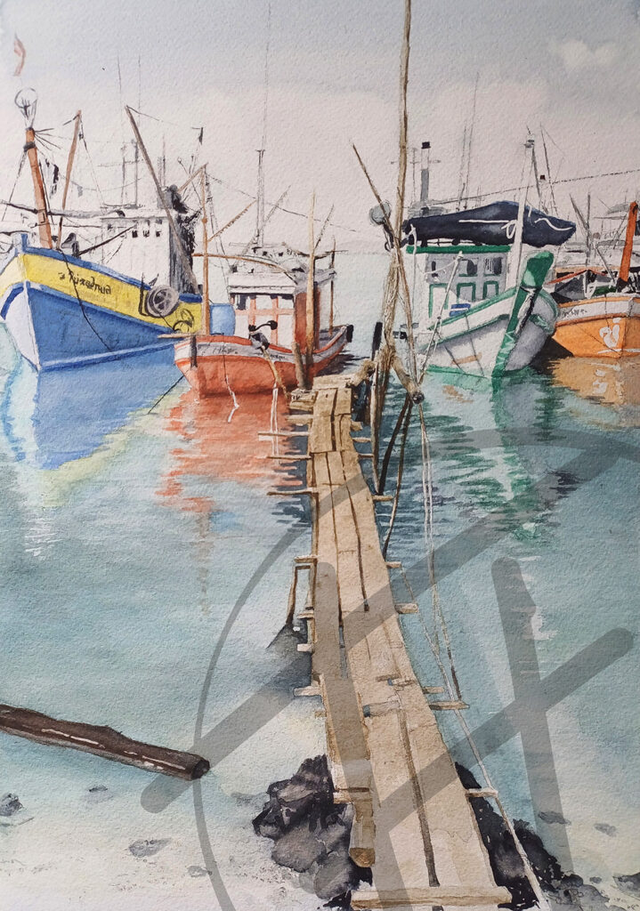 Port de pêche dessiné à l'aquarelle